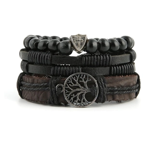 Men's retro multi-layer braided leather bracelet set with tree of life and cross charms