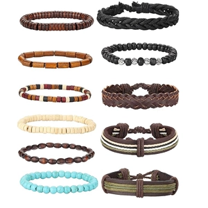 26-piece ethnic multilayer bracelet set with wood beads and woven leather for men and women