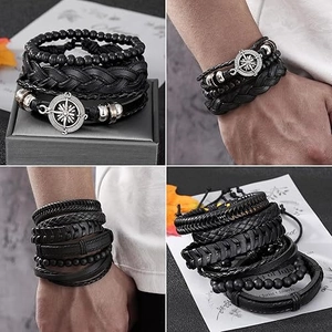 Men's 19-piece vintage multi-layer bracelet set with leather weave, beads, and compass pendant