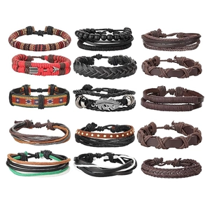 26-piece set of ethnic bohemian bracelets with woven cords, wood beads, and metal charms
