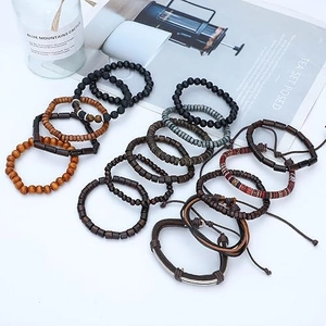 16-piece set of men's braided PU leather bracelets with wood beads and ethnic patterns