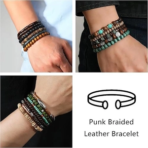 32pcs men adjustable wood bead and braided leather bracelets stacked set with turquoise accents