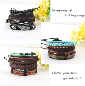 Ethnic 26-piece stacking bracelet set with leather, wooden beads and feather pendants