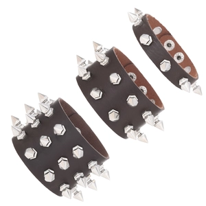 3-piece punk leather bracelet set with silver metal cone studs for men and women