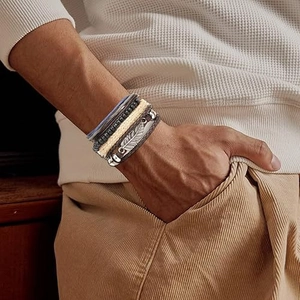 Retro multi-layer men's leather bracelet set with feather charm and woven beads