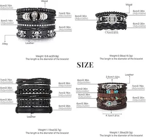 Detailed size chart showing adjustable multi-layer leather bracelets with weights