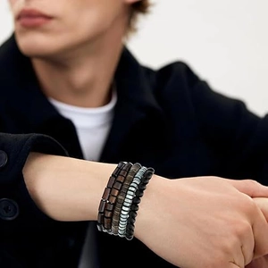 16-piece set of men's multilayer braided PU leather and wooden bead bracelets in vintage style