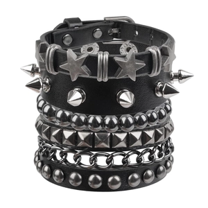 Punk Gothic Men Leather Rivet Bracelet Set With Spikes Stars And Skull Adjustable Hip Hop Rock Multilayer Wristband Jewelry