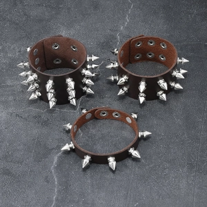 Punk 3-piece set of brown leather studded bracelets with metallic silver cone spikes