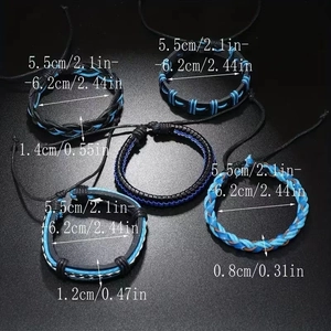 Detailed size chart for 5-piece multilayer braided men's bracelet set in black and blue