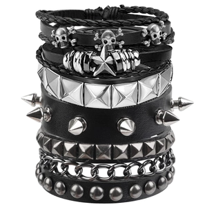 Vintage Punk Multi Layer Leather Bracelet Set For Men Alloy Skull Star Studded Pyramid Spike Chain Wristband Gothic Rock Jewelry