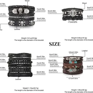 19-piece set of men's vintage woven PU leather skull beaded bracelets with size chart