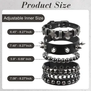4-piece men's black punk rivet bracelet set featuring adjustable star and spike studs