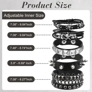 Size guide for 5-piece punk leather bracelet set showing adjustable inner measurements