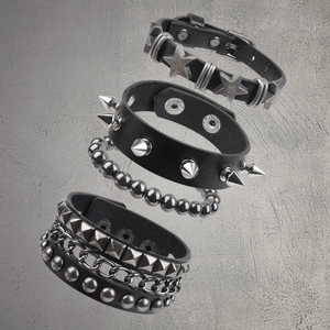 4-piece men's punk bracelet set featuring studs, star charms, and layered leather bands