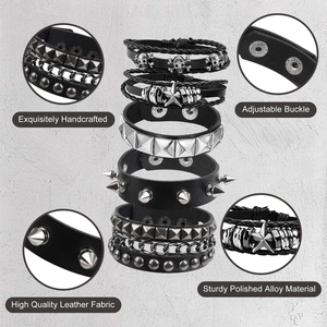 6-piece black punk leather bracelet set with skull stars and silver metal rivets