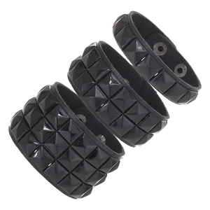 Punk black leather wristband set with silver square rivets and metal snap buttons