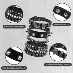 Set of 4 punk style bracelets featuring silver metal studs and black leather for men