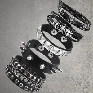 5-piece men's punk leather bracelet set with skull charms and metallic studs