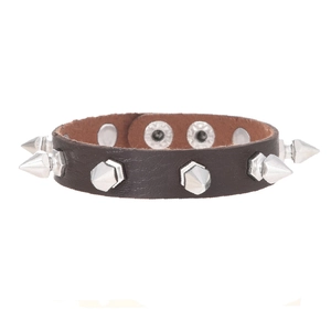 Close-up of brown leather punk bracelet with silver conical metal studs and snap buttons