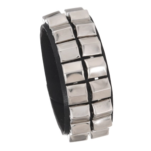 Punk black leather wristband with double row silver square metal studs for rock style