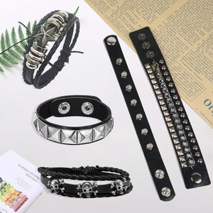 5-piece set of punk men's multi-layer leather bracelets with vintage studs and skulls