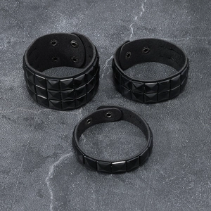 Punk black leather bracelet set with square pyramid rivets and adjustable metal snaps