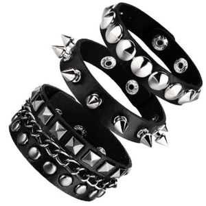 Lot de 3 bracelets punk en cuir avec clous argentés, chaînes et fermoirs à pression