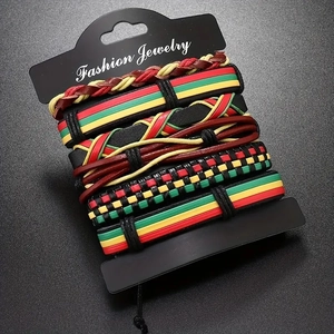 Detailed view of handmade multilayer Rastafarian leather bracelets set for men on display card
