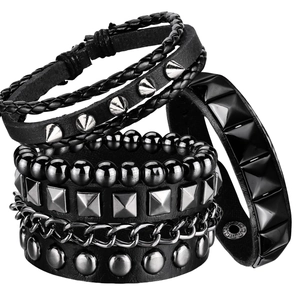 Herren Punk Leder Armband Mehrlagig Nieten Biker Manschette Gothic Rock Geflochtenes Seil Schmuck Verstellbares Armband