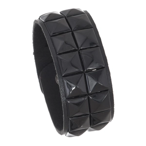 Punk black leather bracelet with double-row pyramid studs and metal buckle closure