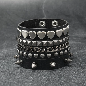 3-teiliges Punk Lederarmband Set in Schwarz mit Herz, Nieten und Kettenverzierung