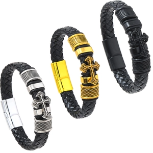 Men's leather braided cross bracelets in silver, gold, and black with magnetic clasp