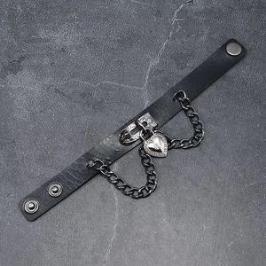 Punk Lederarmband in Schwarz mit Herzschloss-Anhänger und Metallketten für Damen