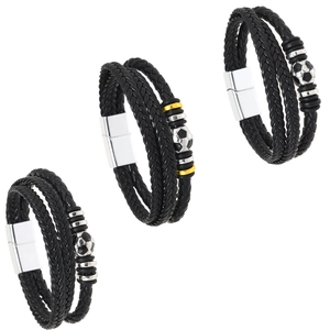 Bracelet multicouche en cuir pour homme avec breloques football et fermoir vintage