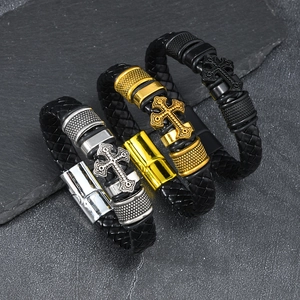 Vintage Men Leather Braided Cross Bracelet Alloy Magnetic Clasp Punk Religious Jewelry Daily Party Fashion Hand Accessory