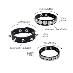 Lot de 3 bracelets punk en similicuir avec rivets métalliques et étoiles de tailles variées
