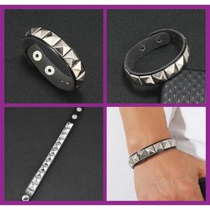 Bracciale punk anni 70 80 in pelle nera con borchie a piramide e chiusura a scatto