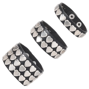 Three-piece punk black leather bracelet set with silver heart studs and snap closure