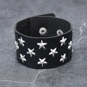 Punk black leather wristband with silver star studs and adjustable snap buttons