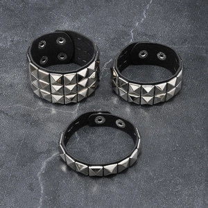 Three-piece punk black leather bracelet set with silver square rivets and snap buttons