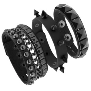 Detail of 4-piece punk leather bracelets with rivets and chain showing adjustable metal buckles