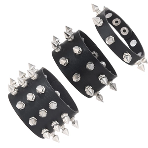 Set of 3 punk rock leather bracelets with silver metal studs and adjustable snaps