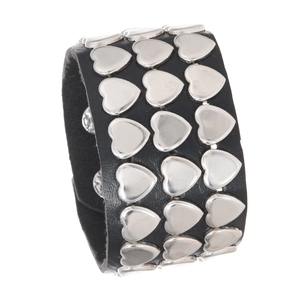 Punk style black leather wide cuff bracelet with triple rows of silver heart studs