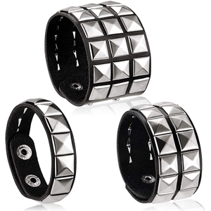 Three-piece punk PU leather bracelet set with silver pyramid studs and snap buttons