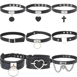 Harajuku Punk Black PU Leather Choker Necklace Heart Cross Pendant Gothic Retro Adjustable Collar For Women Fashion Jewelry