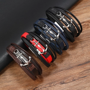 Men's Multi-Layer Woven Leather Bracelet Nautical Alloy Anchor Pendant Braided Wristband Magnetic Buckle Retro Fashion Jewelry