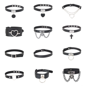 Set of 12 black faux leather chokers with heart pendants and punk style chain details