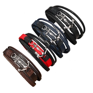 Multi-layer braided leather anchor bracelet for men in brown, black, and navy blue