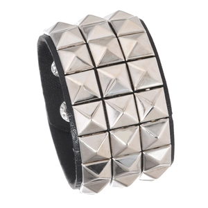 Punk style wide black PU leather bracelet with triple rows of silver pyramid metal studs
